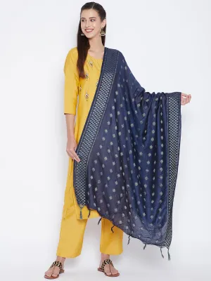 Women Navy Blue Self Design Cotton Dupatta