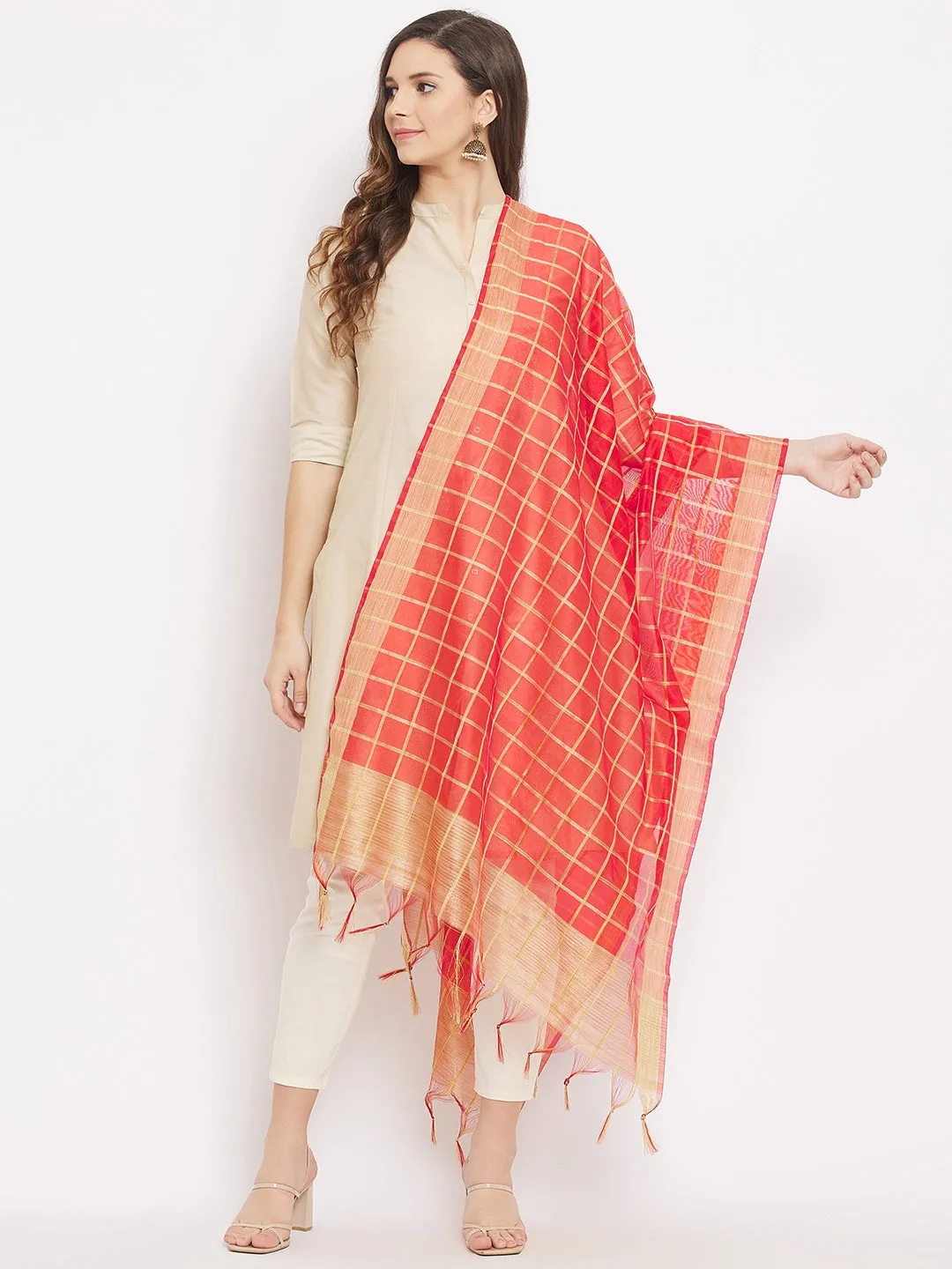 Women Red Check Silk Blend Dupatta