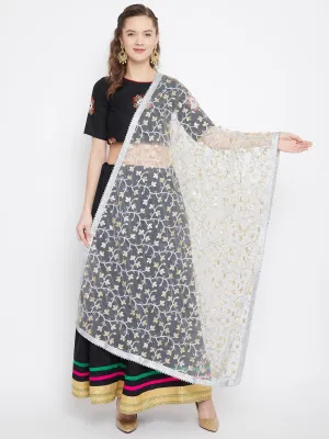 Women White & Golden Embroidered Net Dupatta