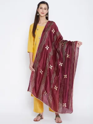 Women Wine Printed Silk Dupatta