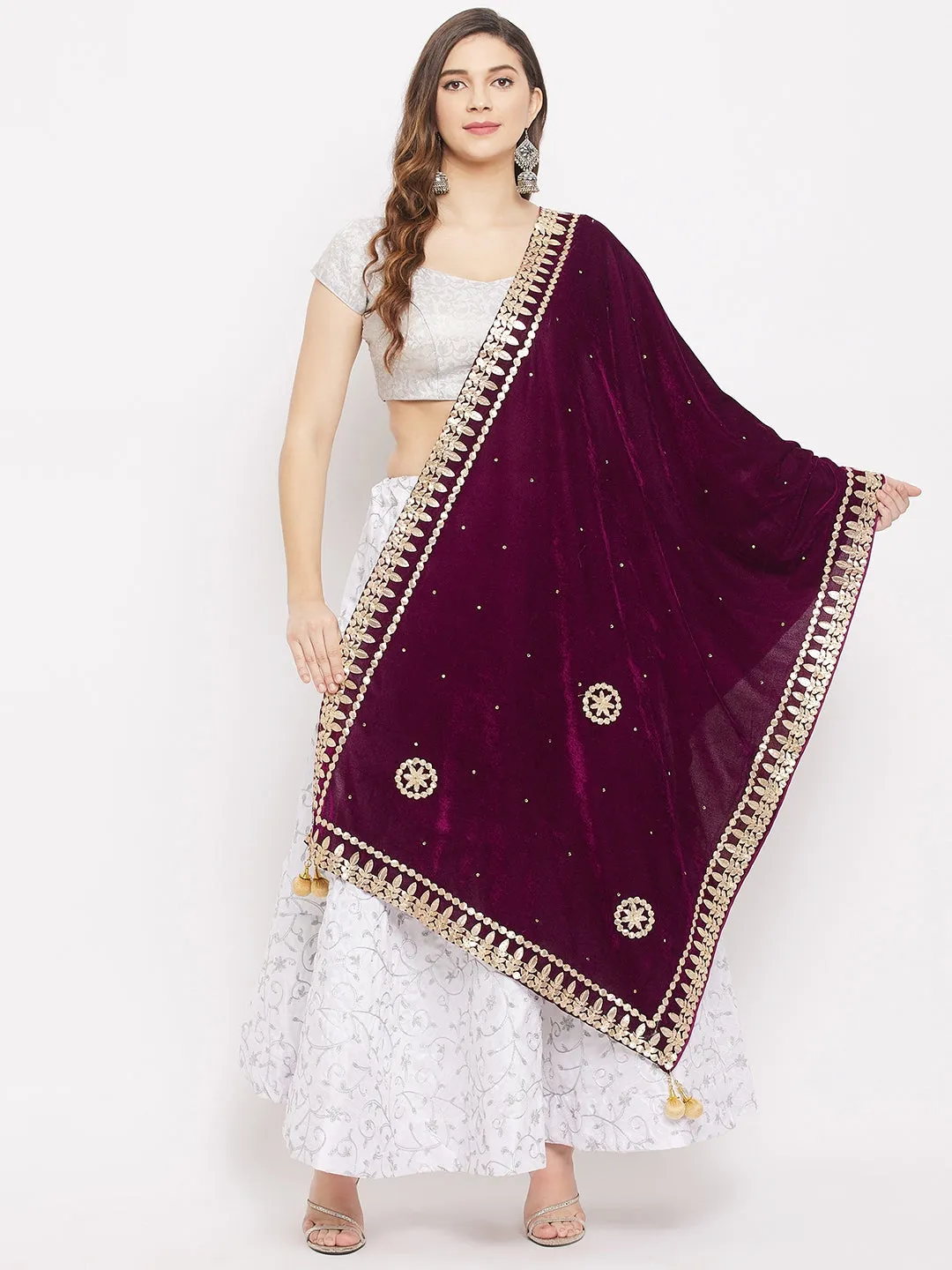 Women Wine Velvet Dupatta With Gotta Patti Work