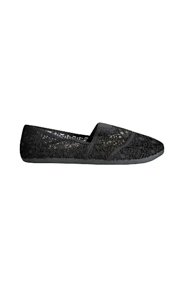 Womens Floral Lace Black Slip-on Flats