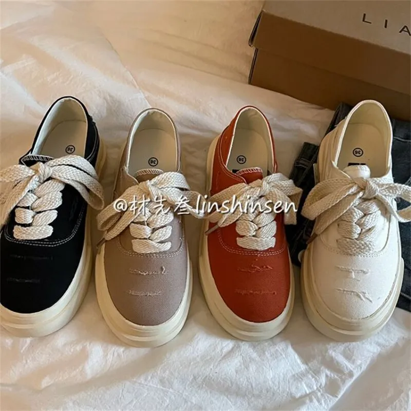 xiangtuibao INS Red Platform Canvas Sneakers Women Lace Up Flats Shoes Woman Vulcanized Shoes Sports Ladies Spring Autumn Tennis Sneakers