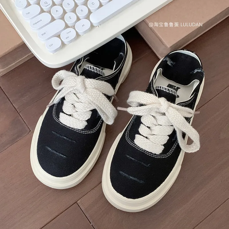 xiangtuibao INS Red Platform Canvas Sneakers Women Lace Up Flats Shoes Woman Vulcanized Shoes Sports Ladies Spring Autumn Tennis Sneakers