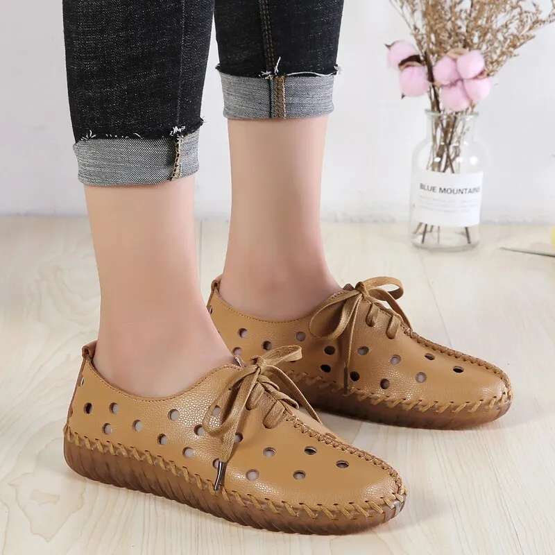 xiangtuibao Soft Sole Hollow Single Shoes Women  Vintage Genuine Leather Flat Casual Shoes Woman Outdoor Lace Up Non Slip Loafers creepers