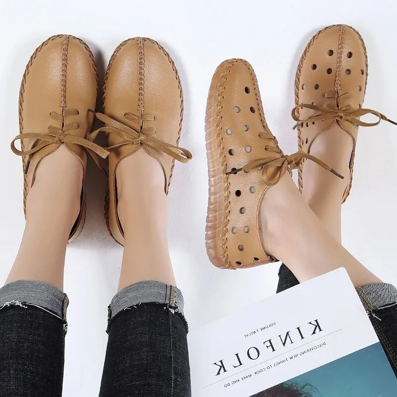 xiangtuibao Soft Sole Hollow Single Shoes Women  Vintage Genuine Leather Flat Casual Shoes Woman Outdoor Lace Up Non Slip Loafers creepers