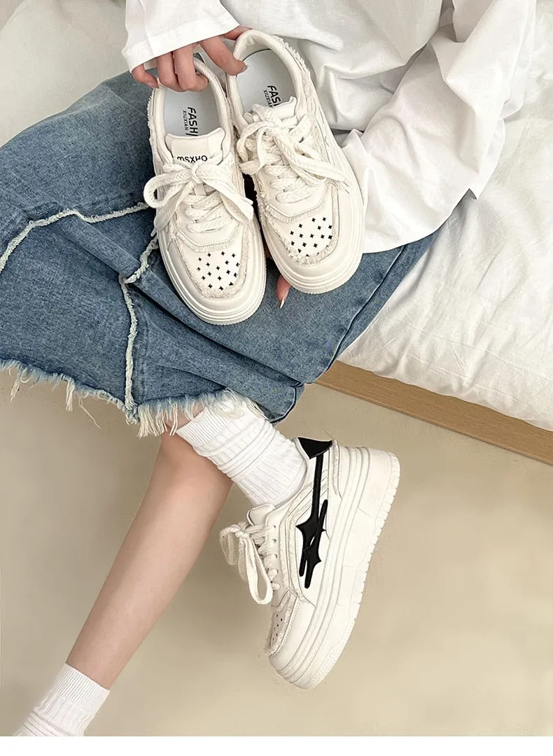 xiangtuibao White Sport Shoes for Women Trend Designer Flat Thick Bottom Platform Sneaker Female Lace Up Casual Tennis Woman Fashion 40