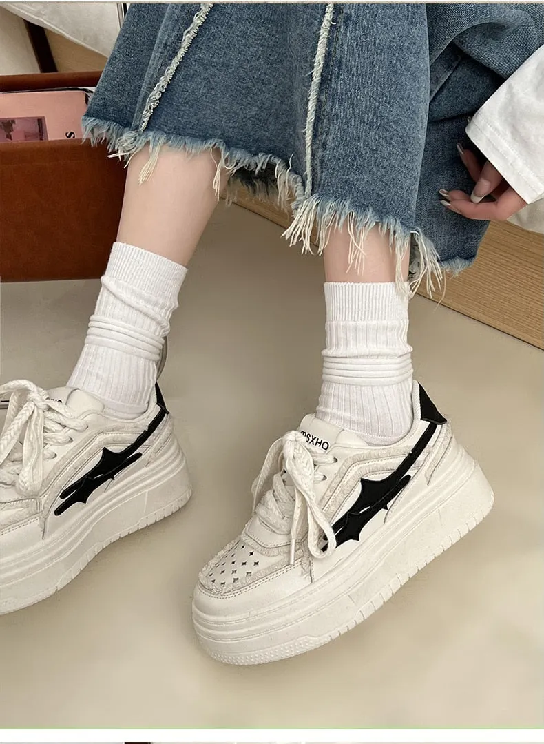 xiangtuibao White Sport Shoes for Women Trend Designer Flat Thick Bottom Platform Sneaker Female Lace Up Casual Tennis Woman Fashion 40