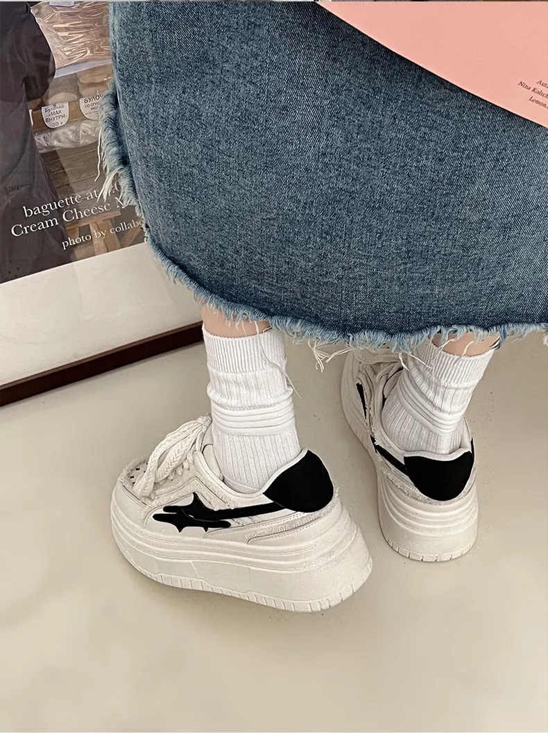 xiangtuibao White Sport Shoes for Women Trend Designer Flat Thick Bottom Platform Sneaker Female Lace Up Casual Tennis Woman Fashion 40